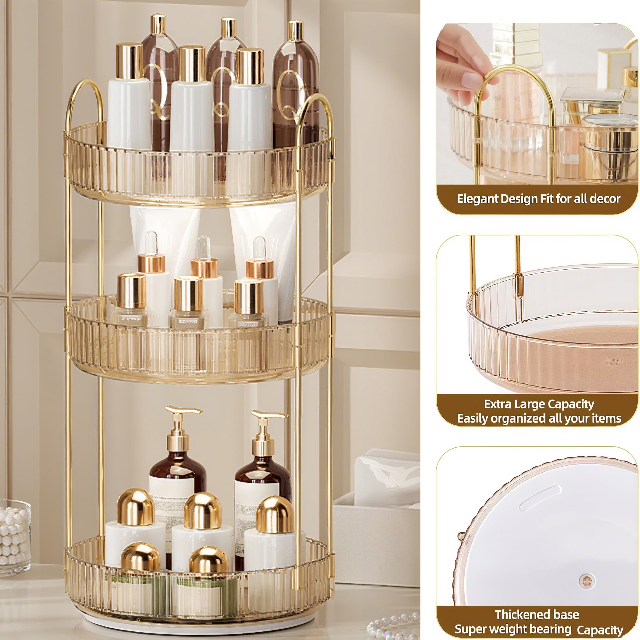 Kisportee Makeup Organizer for Vanity, 3 Tier 360° Rotating Make Up Storage Perfume Organizers for Bathroom Counter, Clear Cosmetic Dresser Lipstick Spinning Holder
