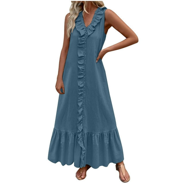 Tumotour Robes d'Été pour Femmes Robe Maxi en Lin Fluide Ligne A Col en V Sans Manches Robe d'Été à Volants Boho pour Plage Décontractée Sortie Fête Rendez-Vous