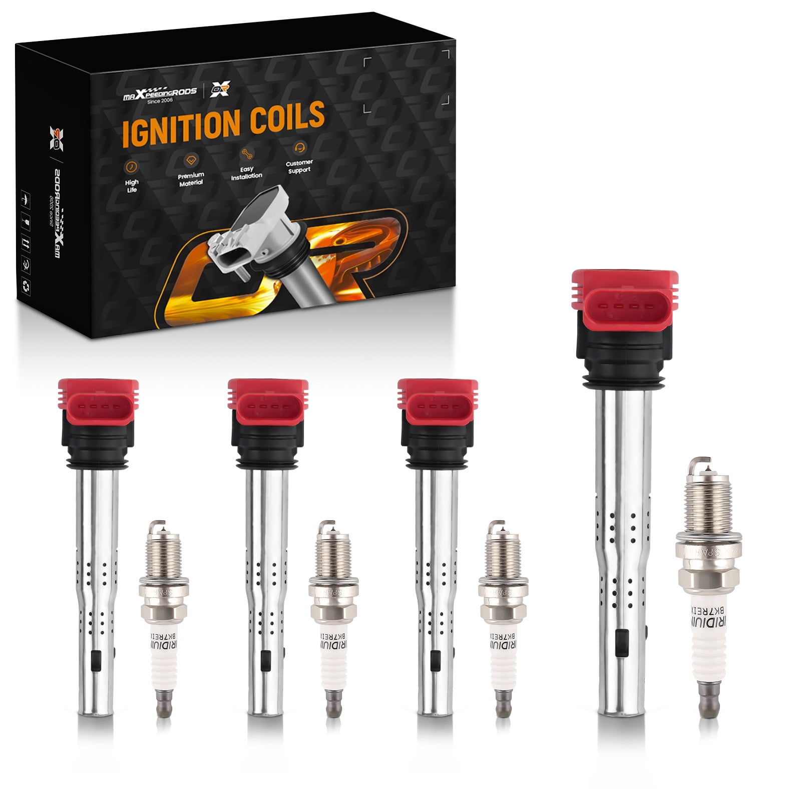 maXpeedingrods UF529 Set of 4 Ignition Coil Pack and Iridium Spark Plugs Fit for Audi A3 A4 A5 1.8 2.0 3.2 l4 V6, for Volkswagen Jetta Passat Golf 2.0L l4 2006-2016, Ignition Coil Kit Replaces UF-529