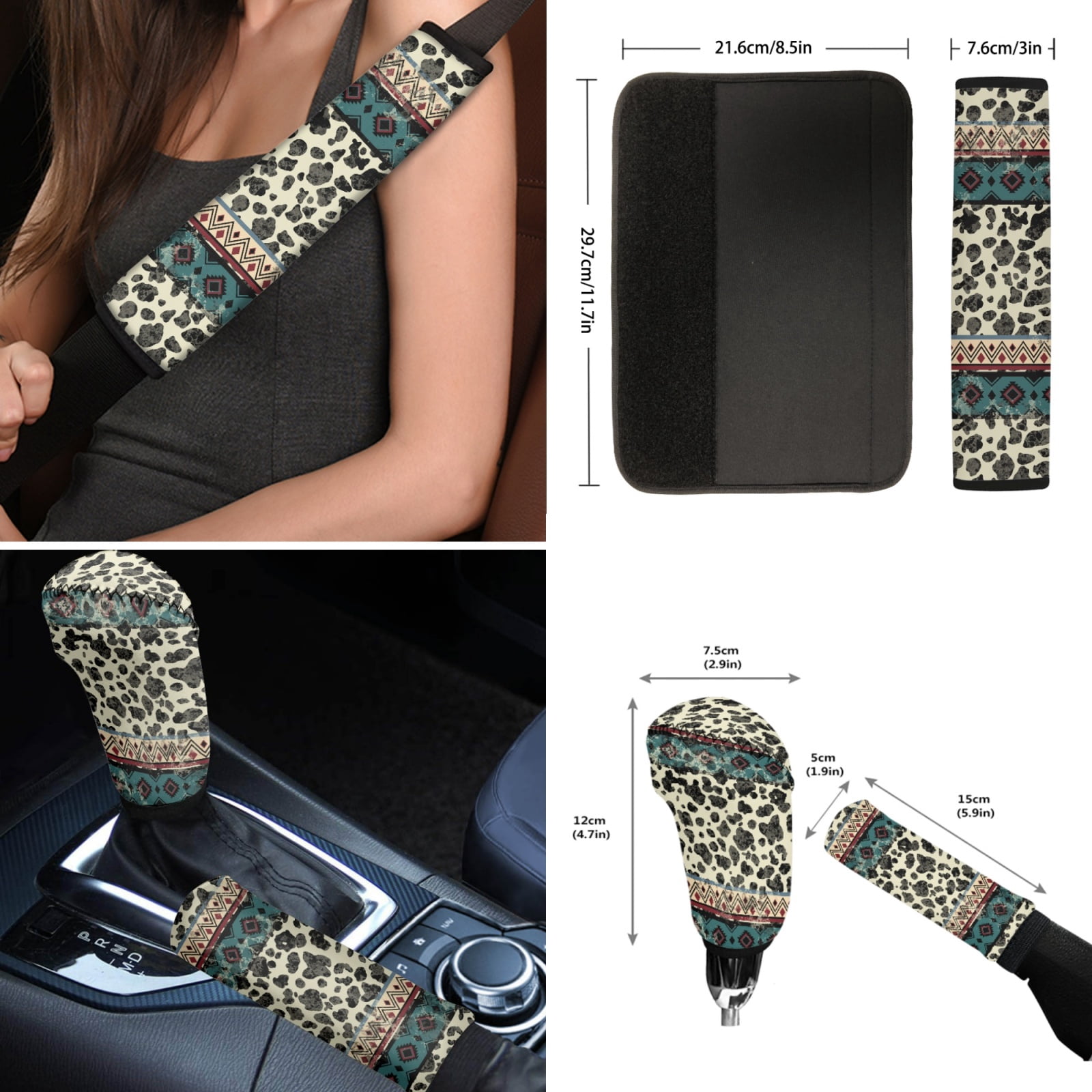 Renewold American Tribal Cow Print Beige Car Accessories Set 12 PCS, Universal Car Seat Covers Steering Wheel Armrest Cover Seat Belt Pad Coasters Handbrake Gear Shift Cover Car Accessories