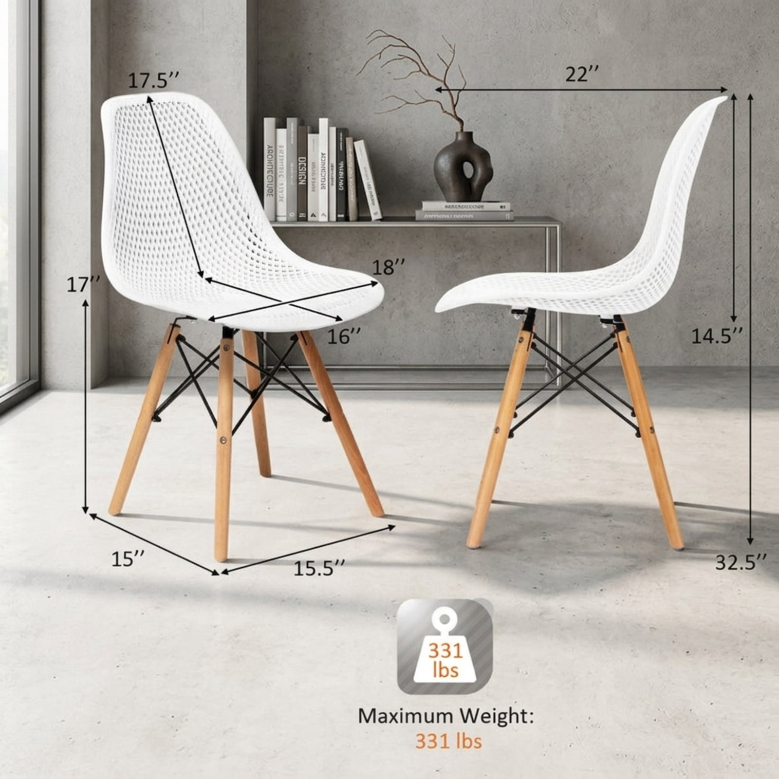 Furnibear 4 Pieces Modern Plastic Hollow Chair Set with Wood Leg for Kitchen Dining Room Living Room Home, White