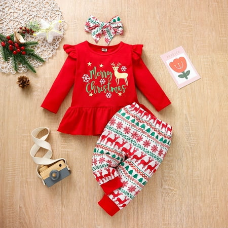 

QISIWOLE New Girl Baby Christmas Long-sleeved Flying Sleeve Romper + Printed Trousers + Headband Suit Deals !