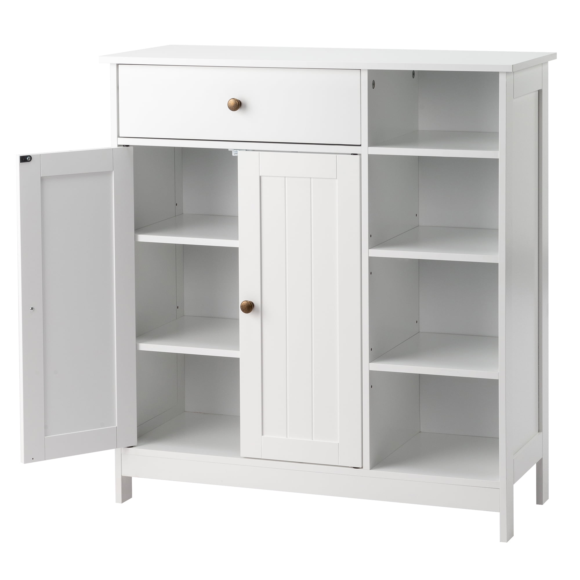 Ktaxon Bathroom Floor Cabinet, Freestanding Storage Cupboard w/ 2 Shelves& 1 Drawer & Three-layer Side Rack, MDF White