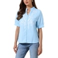 thumbnail image 4 of INSPIRE CHIC Summer Tops for Women Cotton Floral V Neck Short Sleeve Shirt Embroidered Blouses Tunic S Blue, 4 of 6