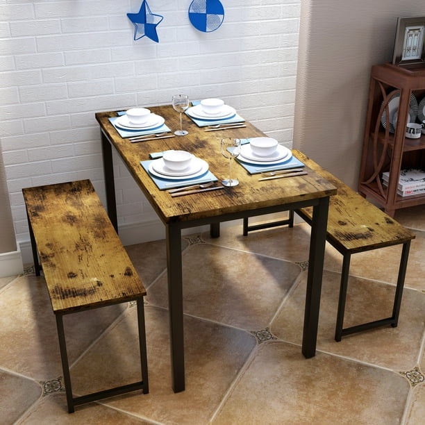 Dining Room Set 3 Pieces Farmhouse Kitchen Table With Two Benches Small Sets Small Dining Table Sets, Small Farmhouse Kitchen Table Sets