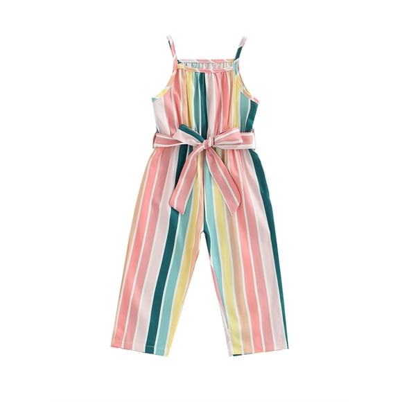 Faithtur Combinaison à la Mode pour Petite Fille, Encolure Carrée Spaghetti Sans Manches Motif à Rayures Nœud à la Taille Ceinture Pantalon Long Ample