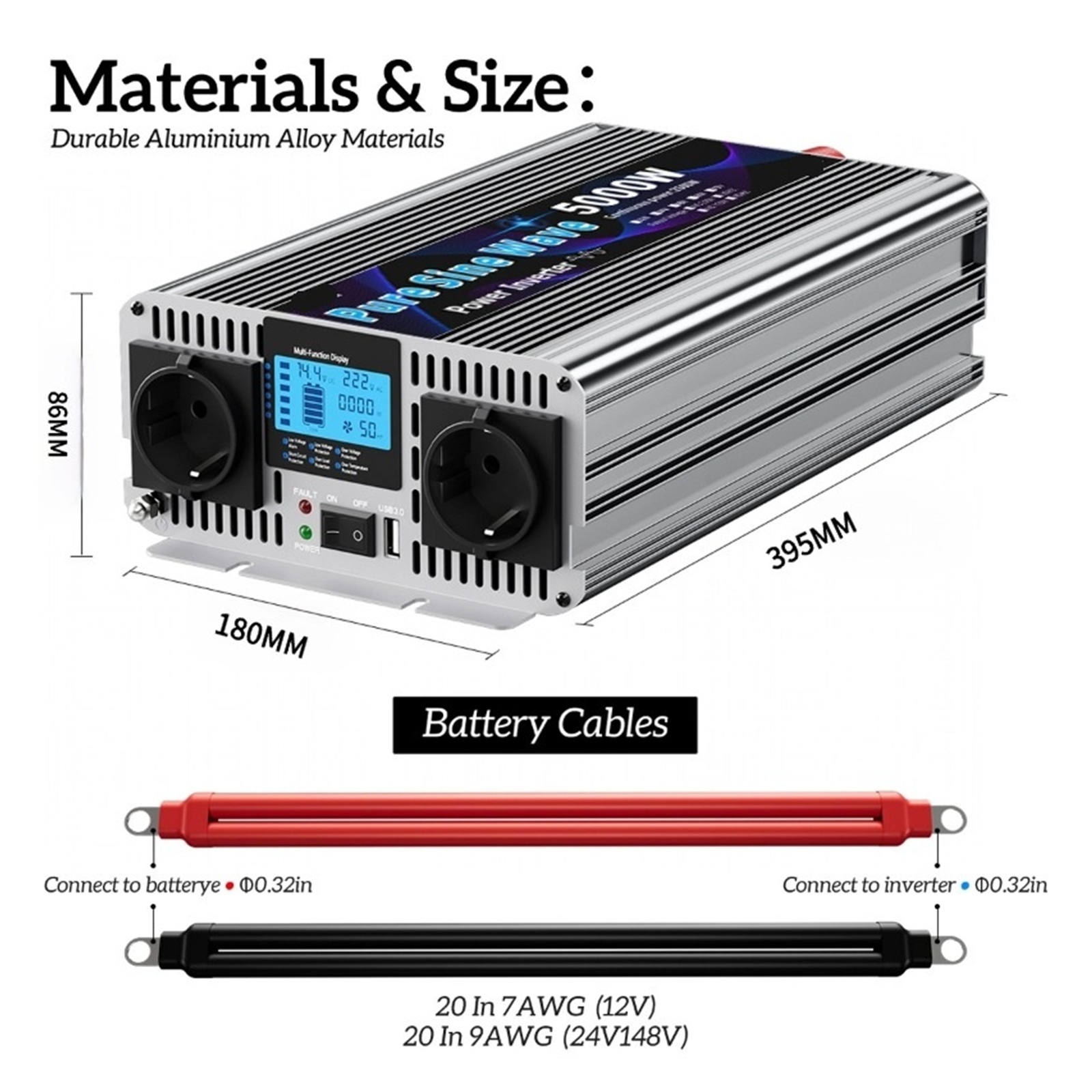 Pure Sine Wave 12V Inverter 5000W LCD Camper Solar Truck & Home Power