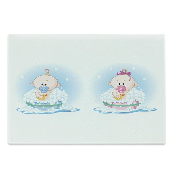 Gender Reveal Cutting Board, Girl and Boy in Bath with Bubbles Duck Picture Print, Decorative Tempered Glass Cutting and Serving Board, Large Size, Multicolor, by Ambesonne