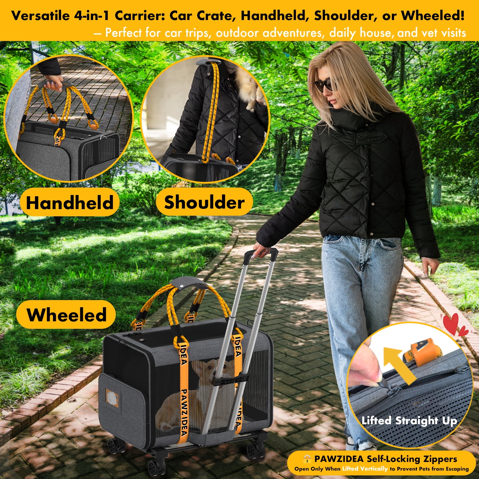 PAWZIDEA Expandable Large Pet Carrier with Wheels, 24x16x16 in Rolling Cat Carrier for 2–4 Cats up 55lb, Soft-Sided Collapsible Small Medium Dog Crate for Car Travel, Telescopic Handle