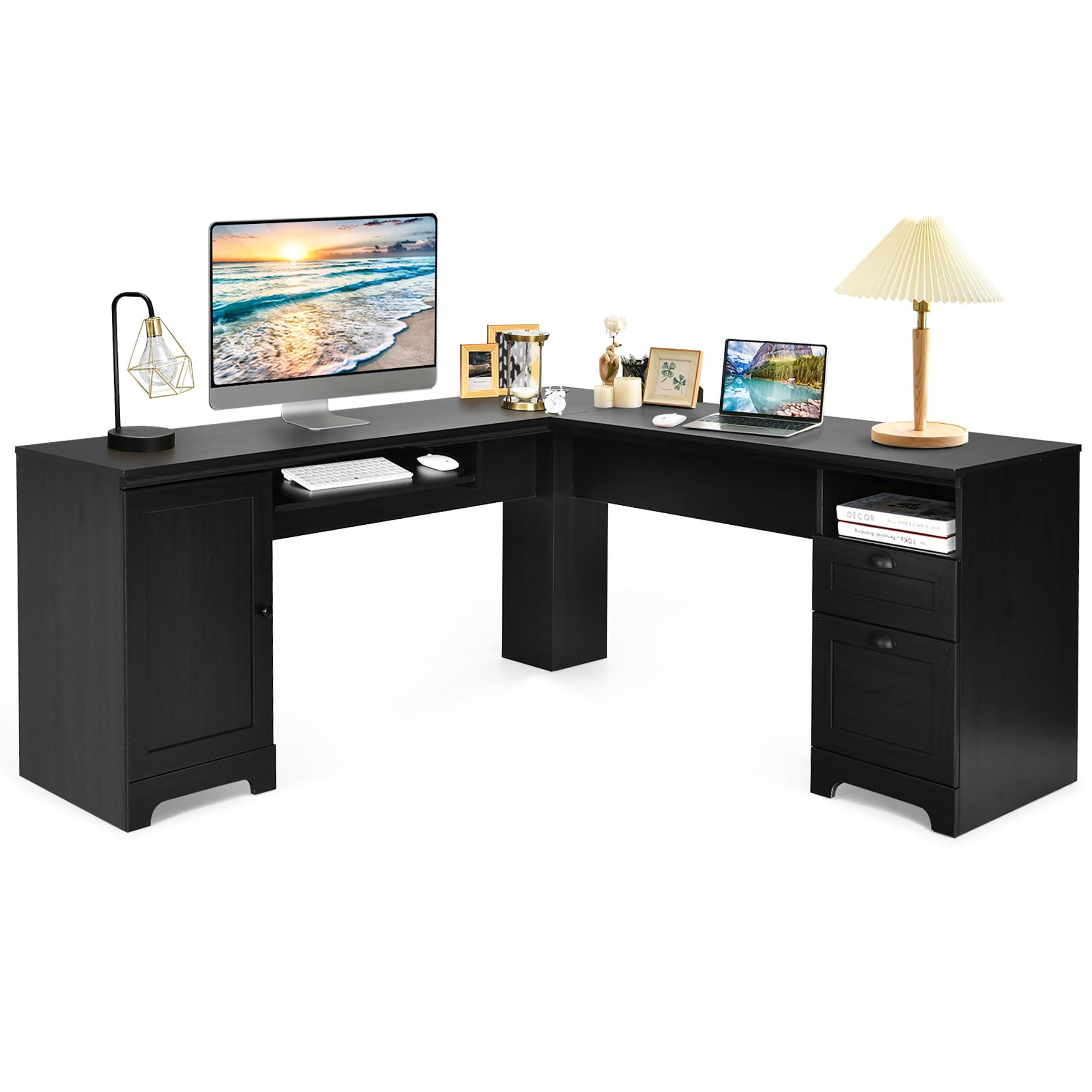 Wooden Corner Desk With Drawer Computer PC Table Study Office Room Black 