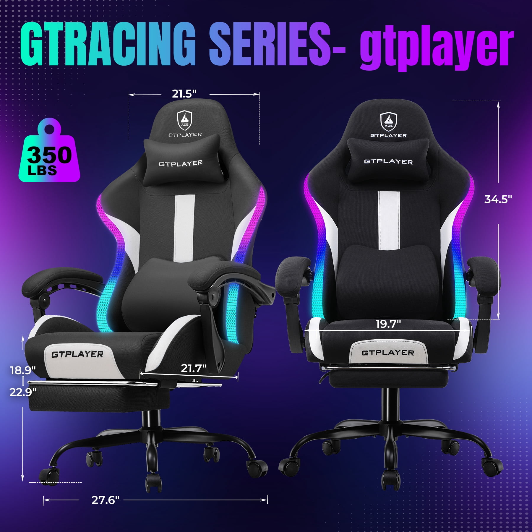 GTRACING RGB Gaming Chair with  Racing Style RGB LED Lights & Foot Rest , Breathable Fabric Ergonomic Computer Chair for Home Office Desk