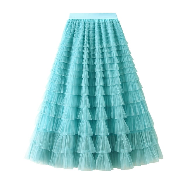 Miqool Womens A-Line Skirt Mesh Layered Hem Multilayer Tiered Puffy Ruffles Tulle Midi Skirt