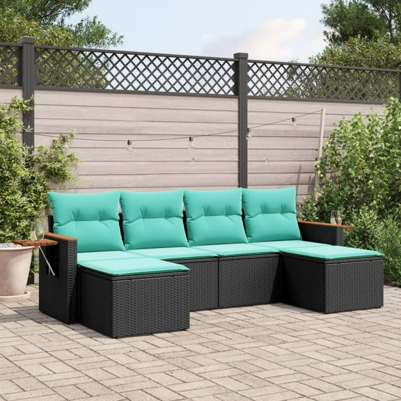 vidaXL 6 Piece Patio Sofa Set with Cushions Black Poly Rattan