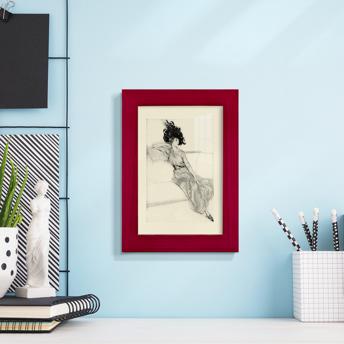 Feather Hat I -Framed Print w/glass-Cherry Red