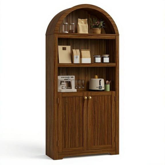 Goldensoil 5 Tier Arched Bookshelf, Double Doors & Adjustable Shelf, 30 x 12 x 72", Walnut Color