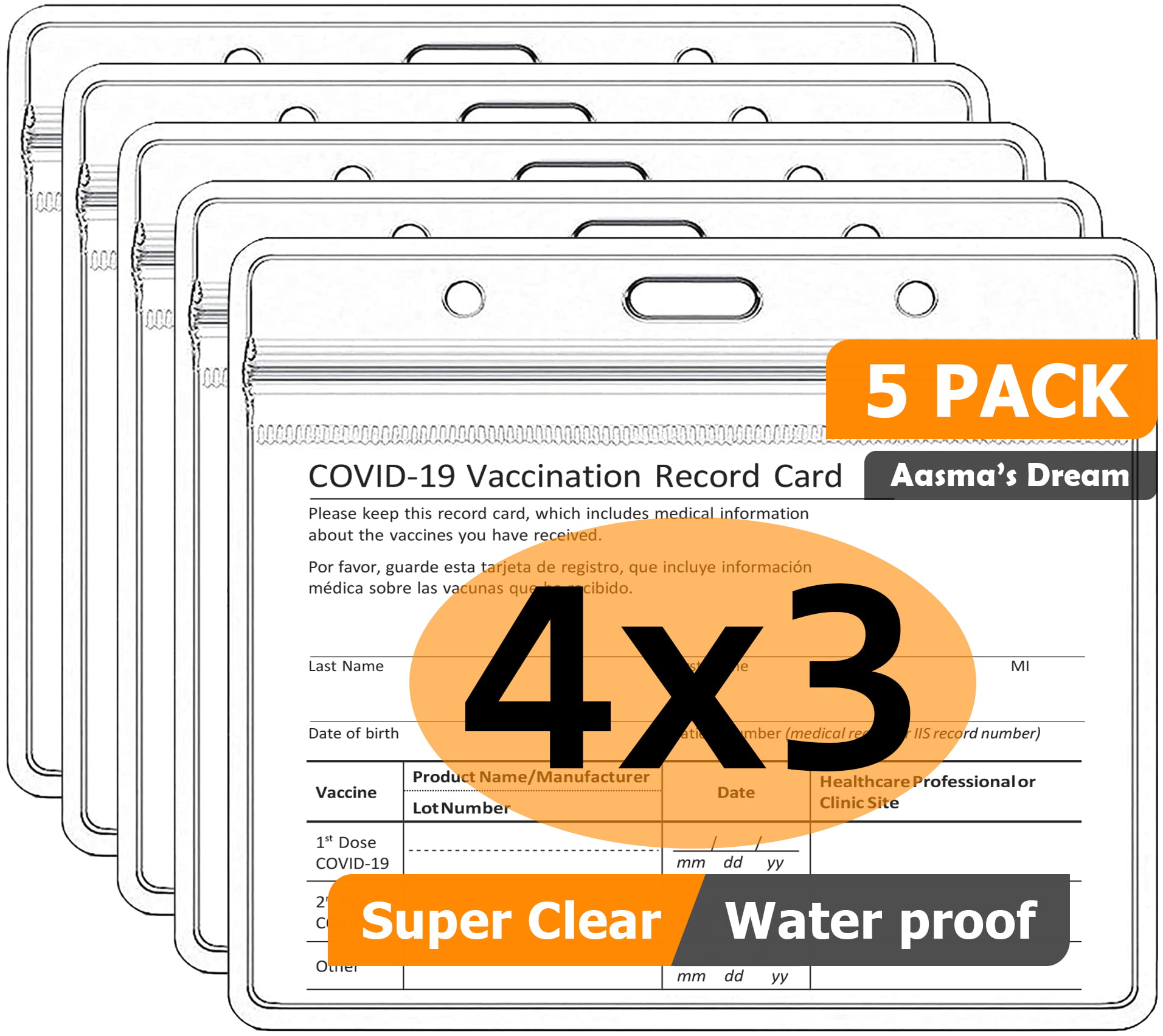 5 Pack Zip Lock Vaccination Vaccine Record ID Card Holder Protector Waterproof 