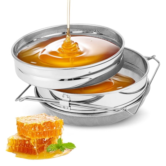 Stainless Steel Honey Strainer, Double Layer Sieve Filter with Extendable Arms, Fine / Coarse Mesh Filters Out Bee Pollen, Impurities, Essential Beekeeping Equipment