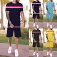 thumbnail image 2 of PEASKJP Mens 2 Piece Short Set Short Sleeve Drop Shoulder Tee Top Elastic Waist Shorts Set,Navy L, 2 of 5