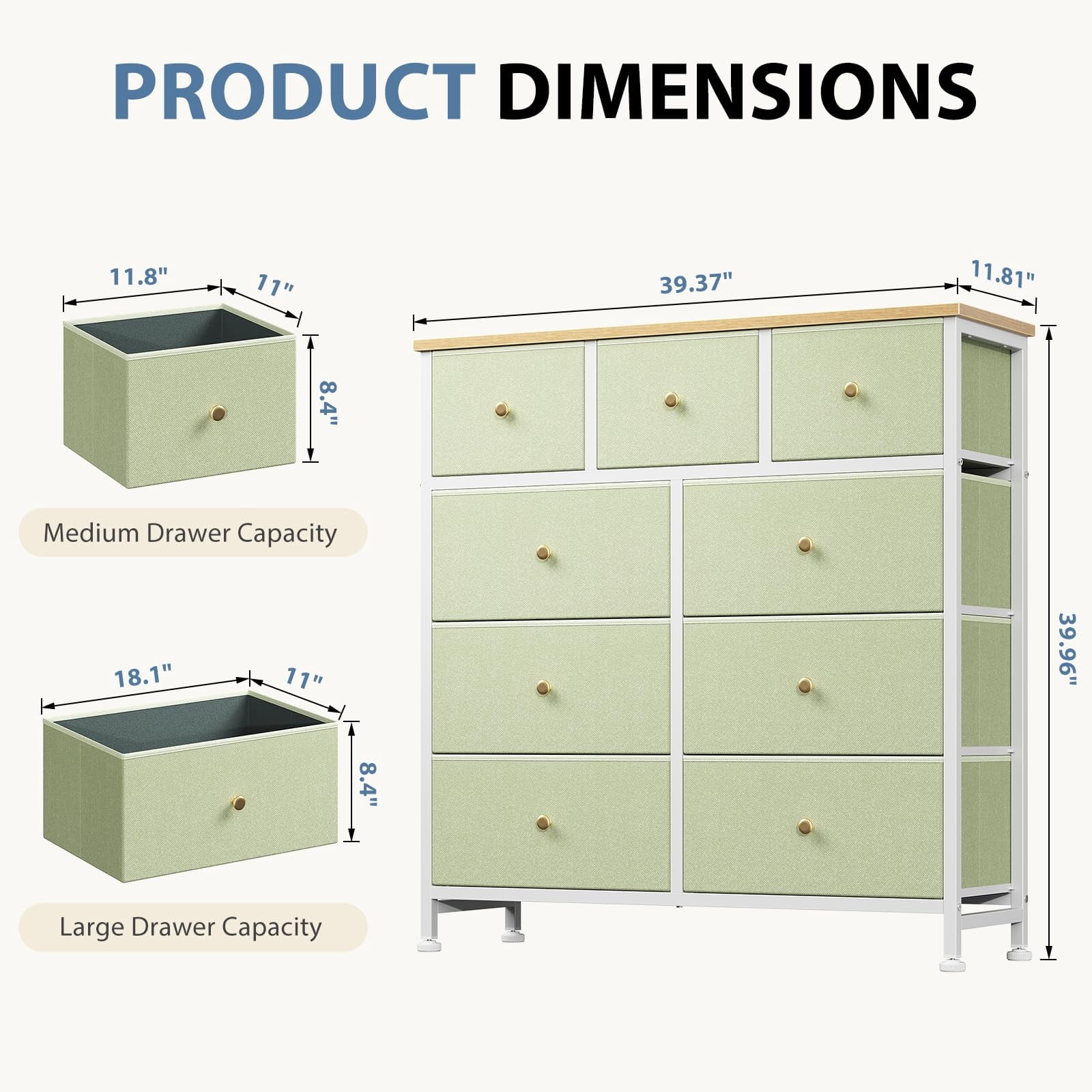 Telyra 9-Drawer Fabric Dresser Tall Storage Tower with Wood Top and Steel Frame Bedroom Closet Organizer, Light Green