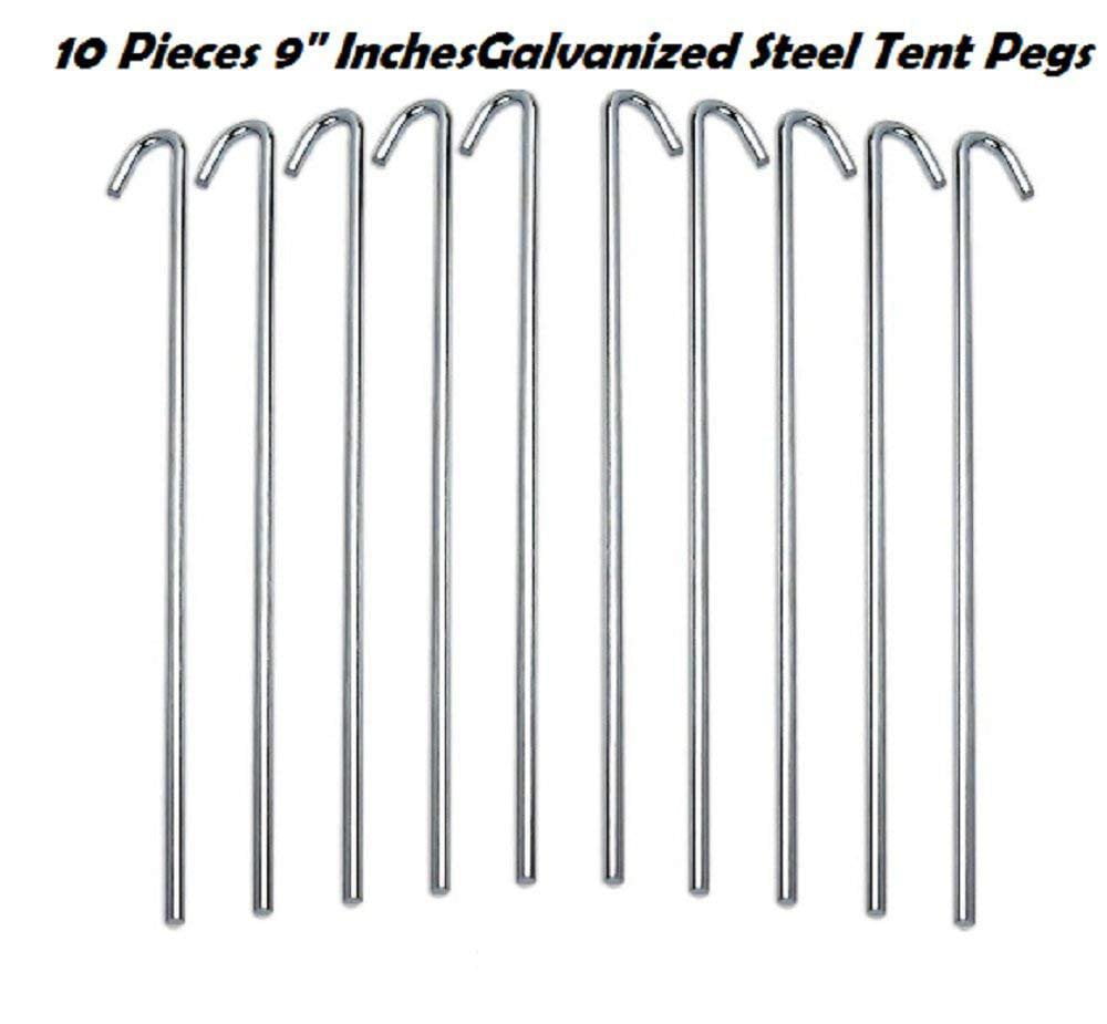 9" High Quality Metal Galvanised Steel Heavy Duty 10x Tent Camping Pegs