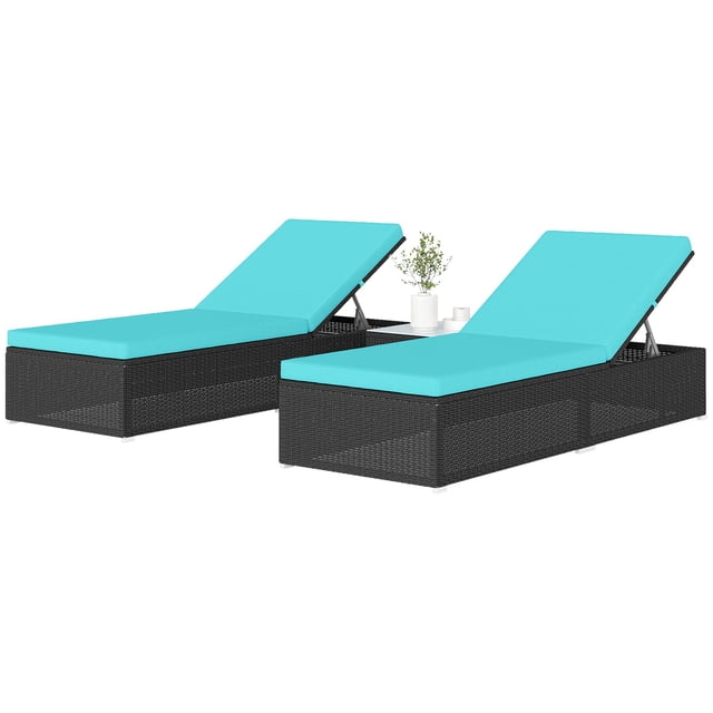 Turquoise 3-Piece Rattan Lounge Set with Side Table - Outdoor Patio Chaise Loungers & Cushions - Perfect for Deck, Poolside, or Backyard Relaxation