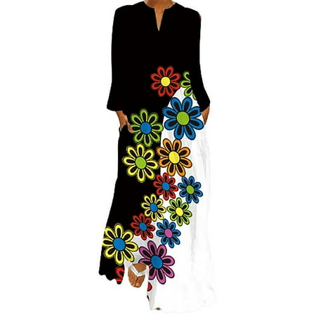 

Floleo Women s Dress Clearance Fall Summer Sexy Digital Printed Long V-neck With Pockets Long Sleeve