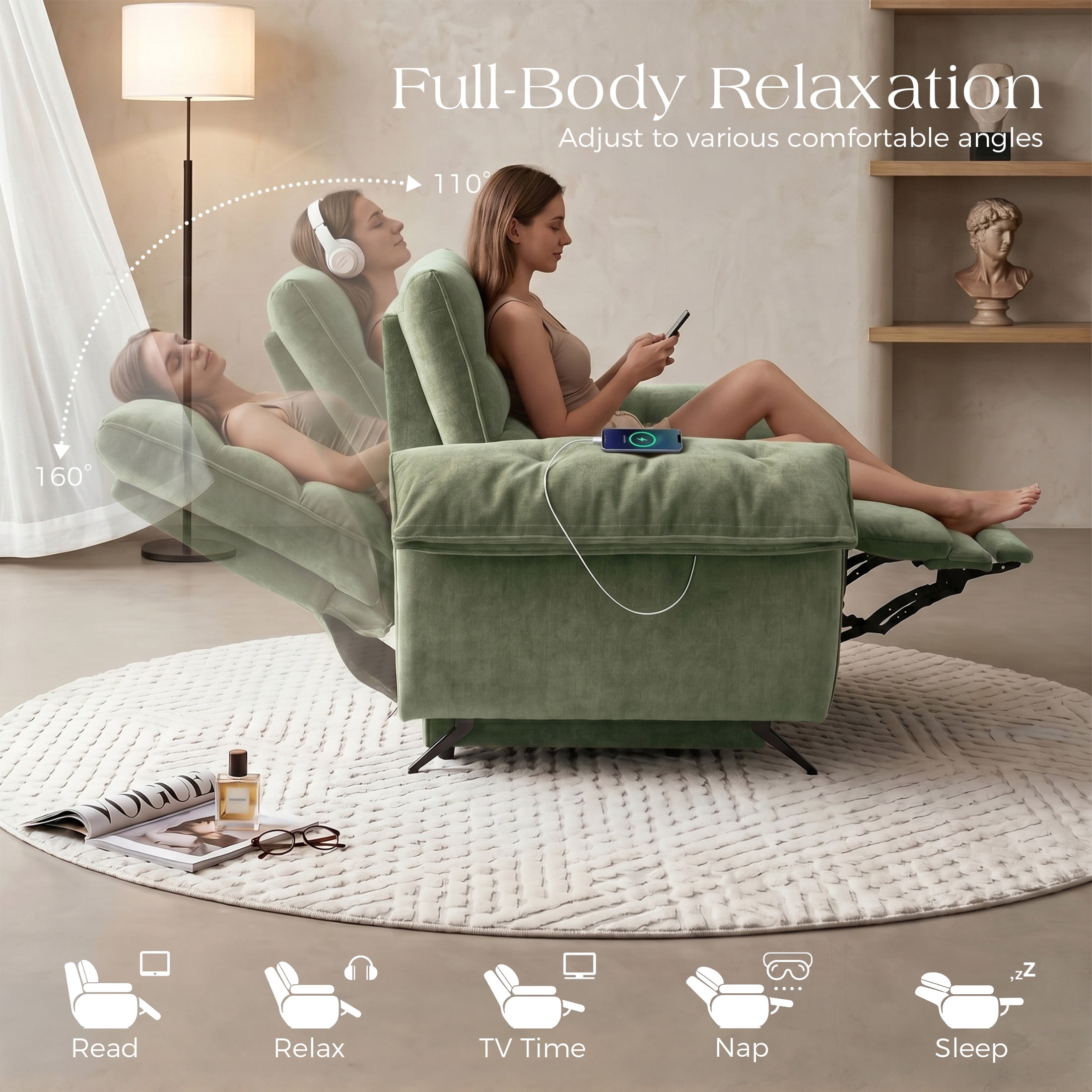 Aenkyo 66" Oversized Power Reclining Loveseat with USB Ports and Footrest, Green