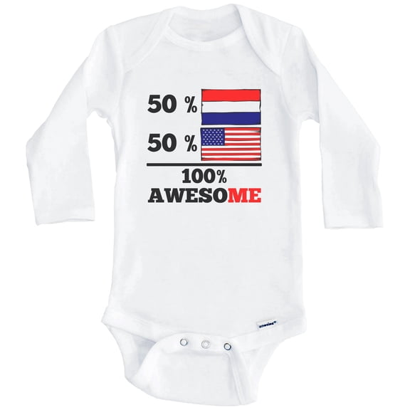 50% Dutch 50% American 100% Awesome Funny Netherlands Flag One Piece Baby Bodysuit (Long Sleeve), 0-3 Months White