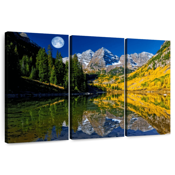 Elephant Stock Maroon Bells Full Moon Wall Art - Horizontal Multi Panel Canvas - Living Room Wall Decor - Nature Multi Panel - Black And Blue Decor - 45" x 28"