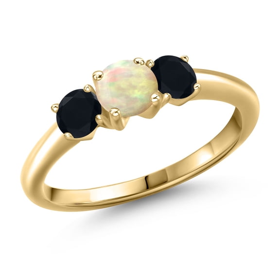 Gem Stone King 10K Yellow Gold White Ethiopian Opal and Black Onyx Engagement Ring for Women | 0.74 Cttw | Round Cabochon 5MM | Gemstone October Birthstone | Size 6