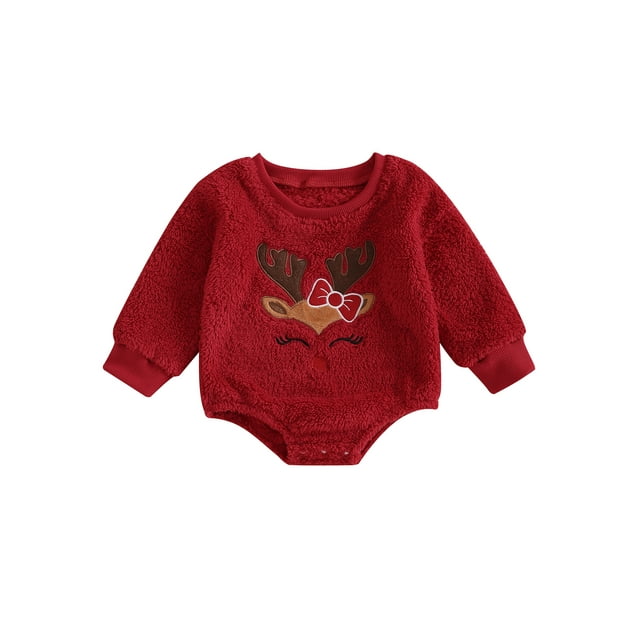 FOCUSNORM Combinaison en Molleton de Noël pour Bébé Fille Elk, Col Rond Brodé, Manches Longues, Barboteuse Adorable