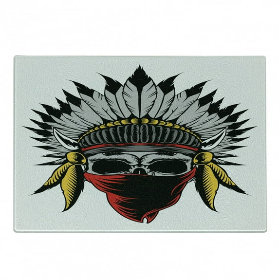 Skull Cutting Board, Skull Sketch with Feathers and Veil American Work of Art Print, Decorative Tempered Glass Cutting and Serving Board, Small Size, Red Grey Yellow, by Ambesonne