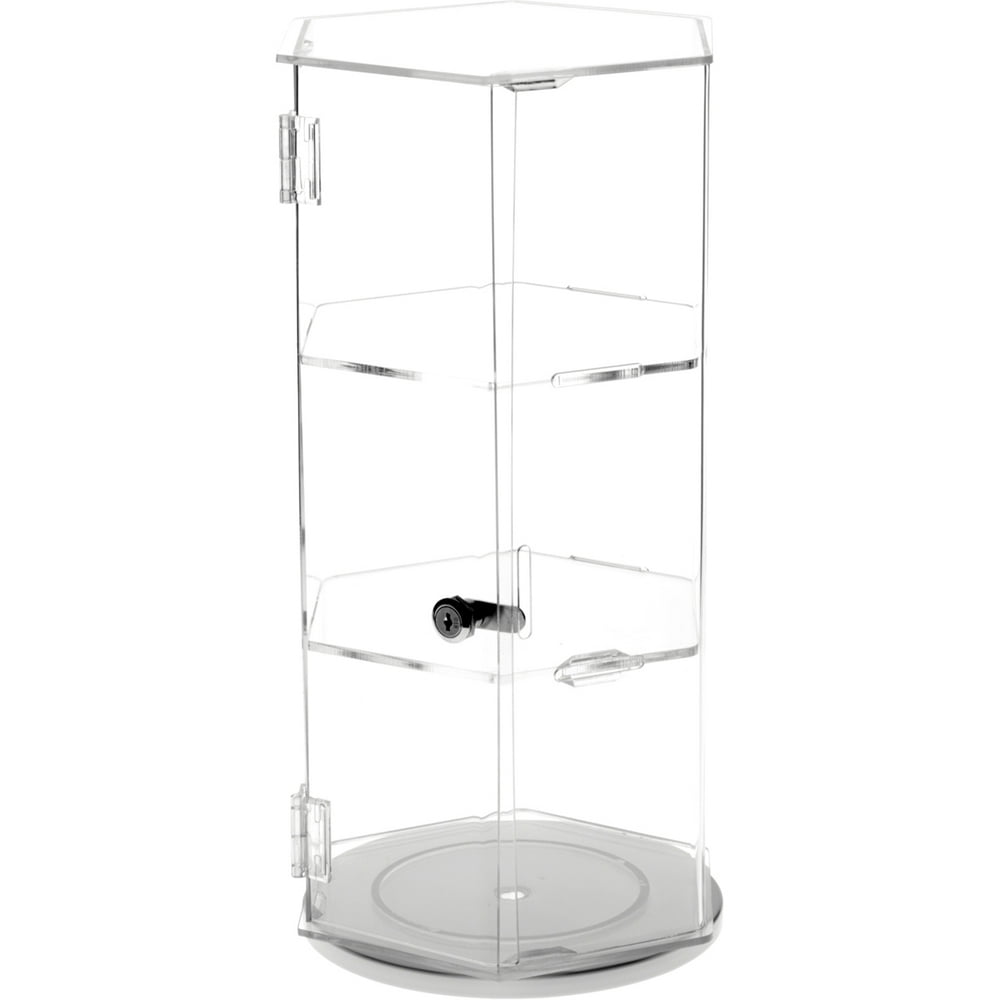 Plymor Clear Acrylic Hexagonal Locking Display Case, Rotating Base, 2 Shelves, 18.75" H x 9.5" W