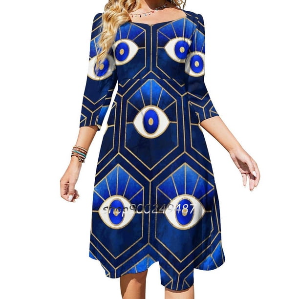 Vestido con escote cuadrado de color azul ojos, bonito vestido holgado con estampado elegante para fiesta en la playa, estampado abstracto gráfico geométrico azul
