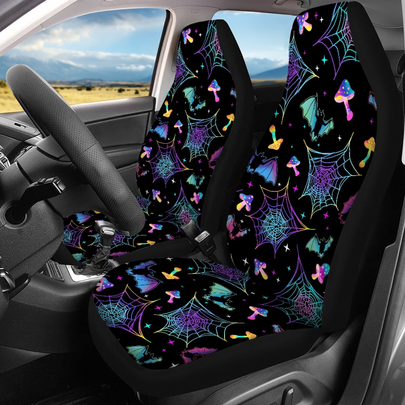 Renewold Bat Mushroom Spider Web Car Seat Covers Full Set for Front Rear Seats, Washable Breathable Soft Halloween Auto Interior Decor Accessories