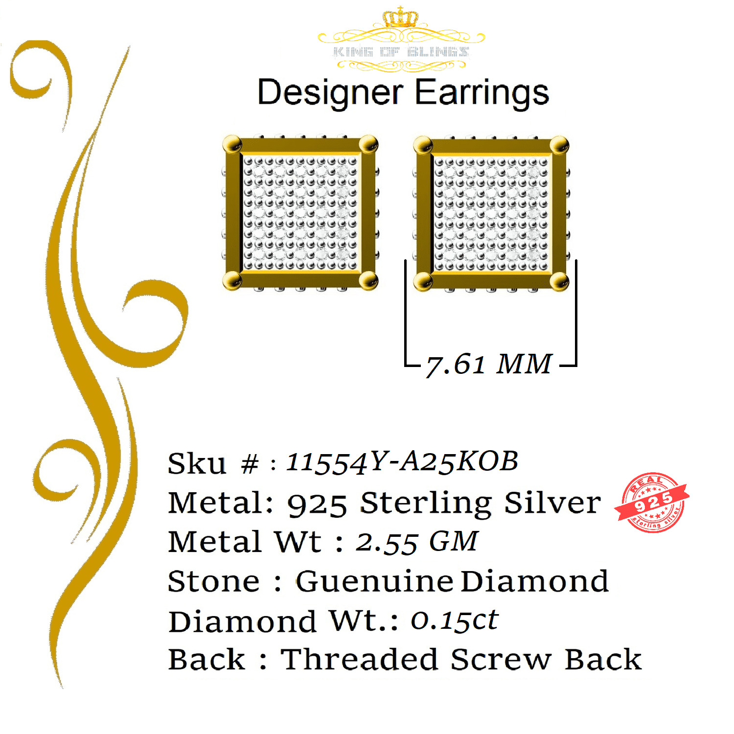 King of Bling's 925 Sterling Silver 0.15ct Real Diamond For Women's & Men's Yellow Stud Earrings