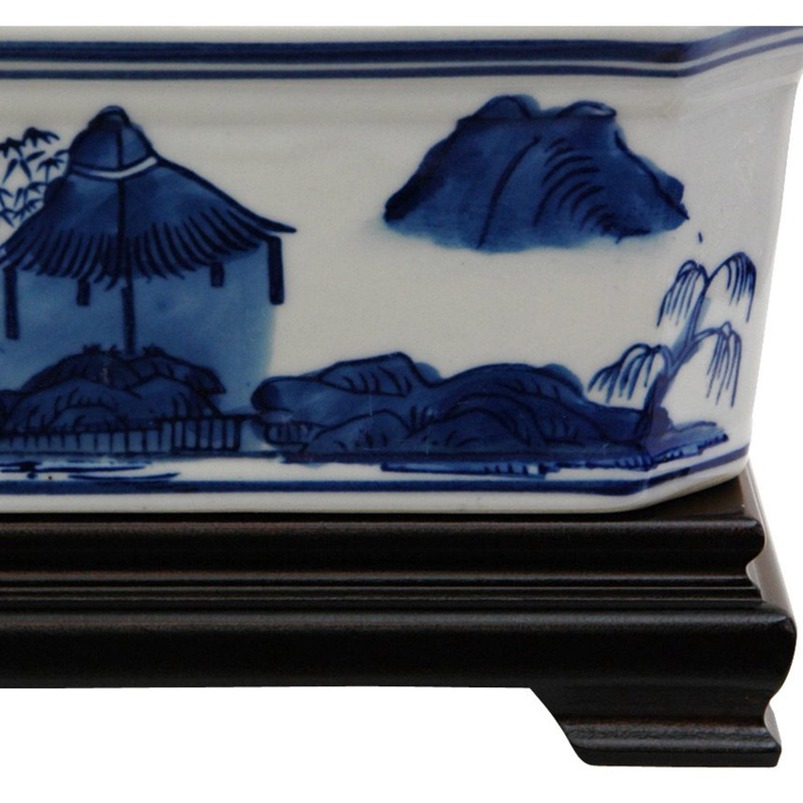 Oriental Furniture 8" Landscape Blue & White Porcelain Covered Jar, decorative item