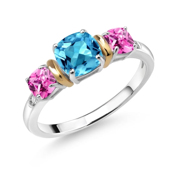 Gem Stone King 1.86 Ct Swiss Blue Topaz Pink Created Sapphire 925 Silver and 10K Yellow Gold Diamond 3-Stone Ring (Size 8)