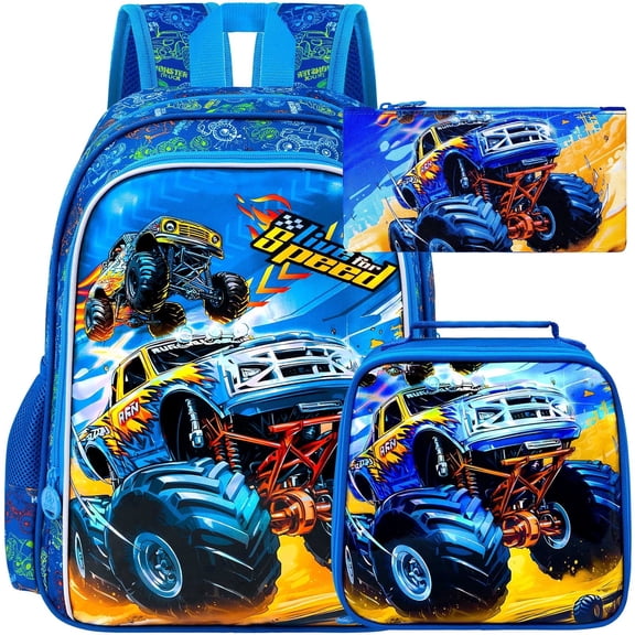 3PCS Boys Truck Backpack, Water Resistant Kids Bookbag with Lunch Box, 16" Preschool Backpacks for Elementary - Truck Blue