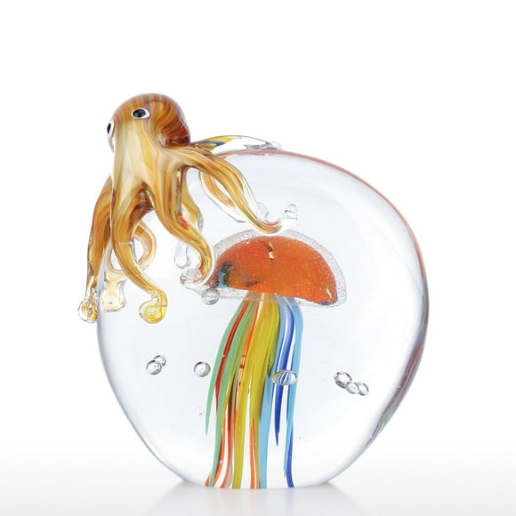 Tooarts Color Octopus and Jellyfish Sculpture Handmade Glass Ornament Animal Artwork Home Decor Gift Craft Decoration