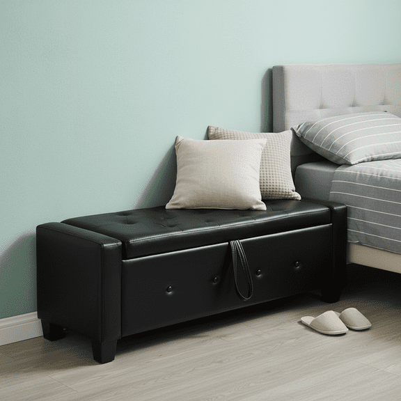 48" Upholstered Tufted Faux Leather Ottoman Bench with Storage - Black Storage Ottoman for Bedroom, Living Room, and Hallway