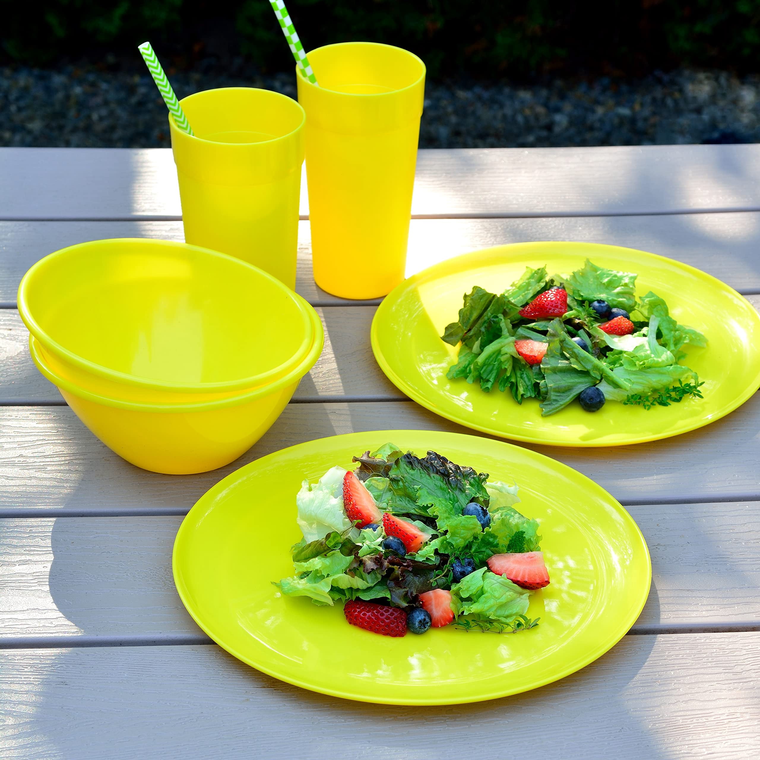 Youngever 18-Piece Plastic Kitchen Dinnerware Set, Plates, Dishes, Bowls, Cups, Service for 6 (Yellow)