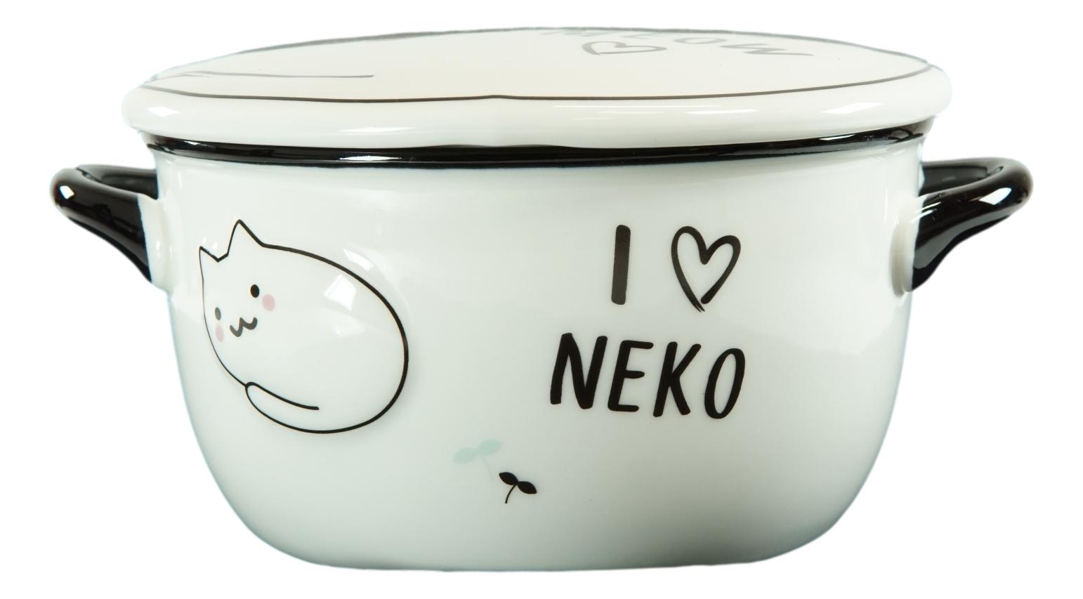 Ebros Pack Of 2 White Maneki Neko Lucky Cat Porcelain Kids Food Bowls W/Lid 25Oz