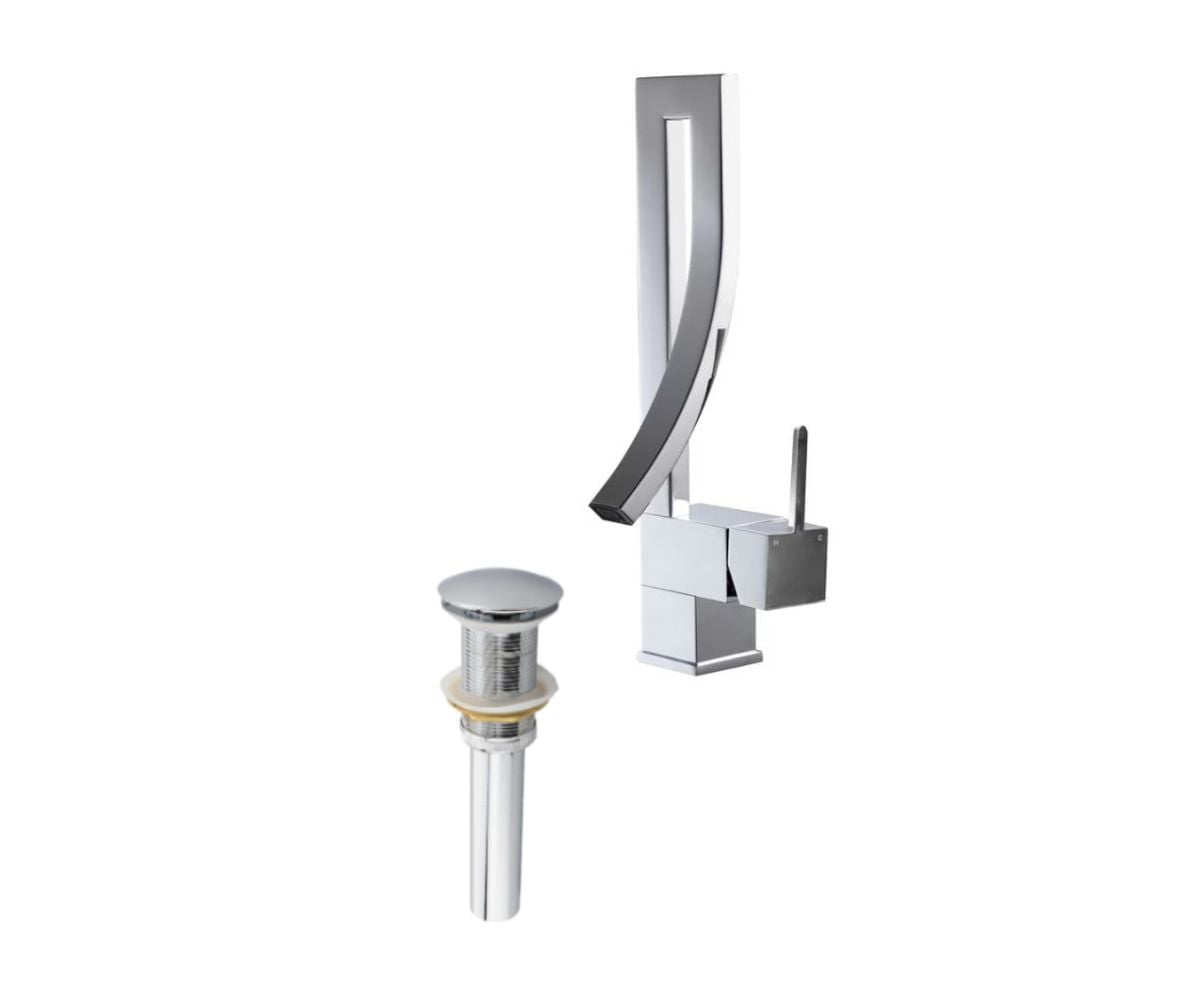 DROP Bath and Kitchen DR091461 Robinet pour lavabo de salle de bain avec forme unique en couleur chrome de la série Waterfall - incluant un drain sans trop-plein