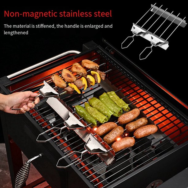 Juego de Brochetas para Parrilla de 3 Vías, Brochetas de Camarones para Asar, Tenedor para Barbacoa Semiautomático Reutilizable, Palito de Kebab para Exteriores