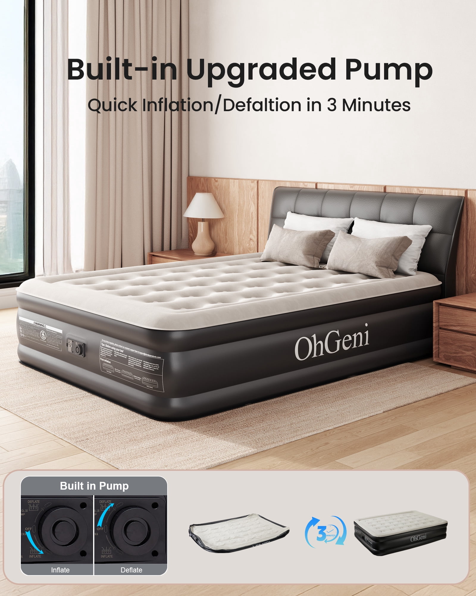 OhGeni Queen Air Mattress with Built in Pump, 18 Raised Blow Up Mattress, Low Noise Surface Portable Air Bed for Home and Guest, Inflatable Mattress, Black