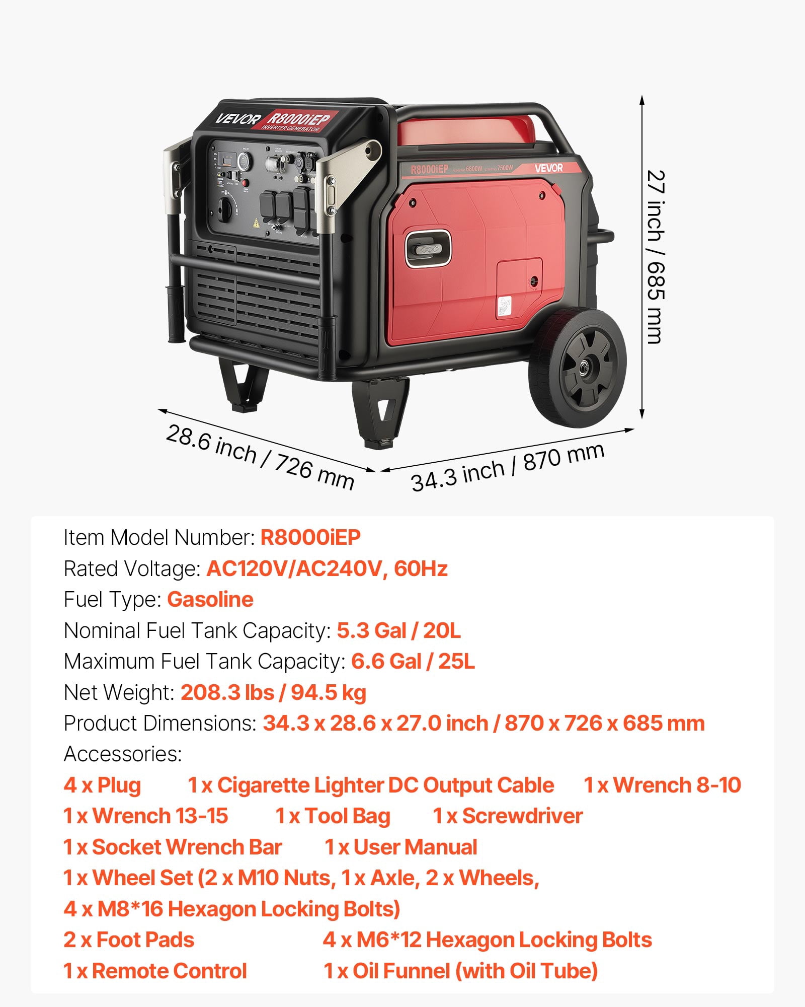 VEVOR Inverter Generator, 10000W Peak Watt 6800W Operating Watt,Quiet Inverter Generator, Remote Start Inverters Generators for Home Outdoor, Gas Powered, Stable Power, CO Sensor, RV Ready 1A &2.1A O