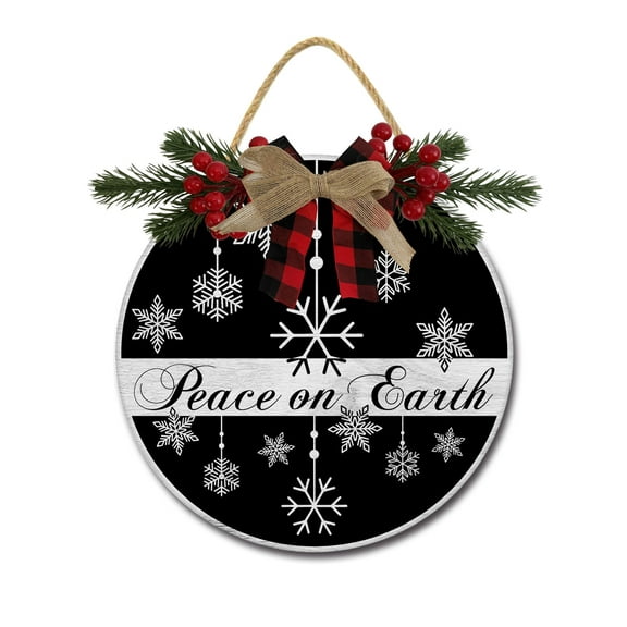 Front Door Porch Decorations Peace On Earth Door Hanging Sign 11 inch Wooden Wall Sign, Rustic Holiday Wreath Decor for Front Door Porch Home Window Wall Farmhouse Decorations