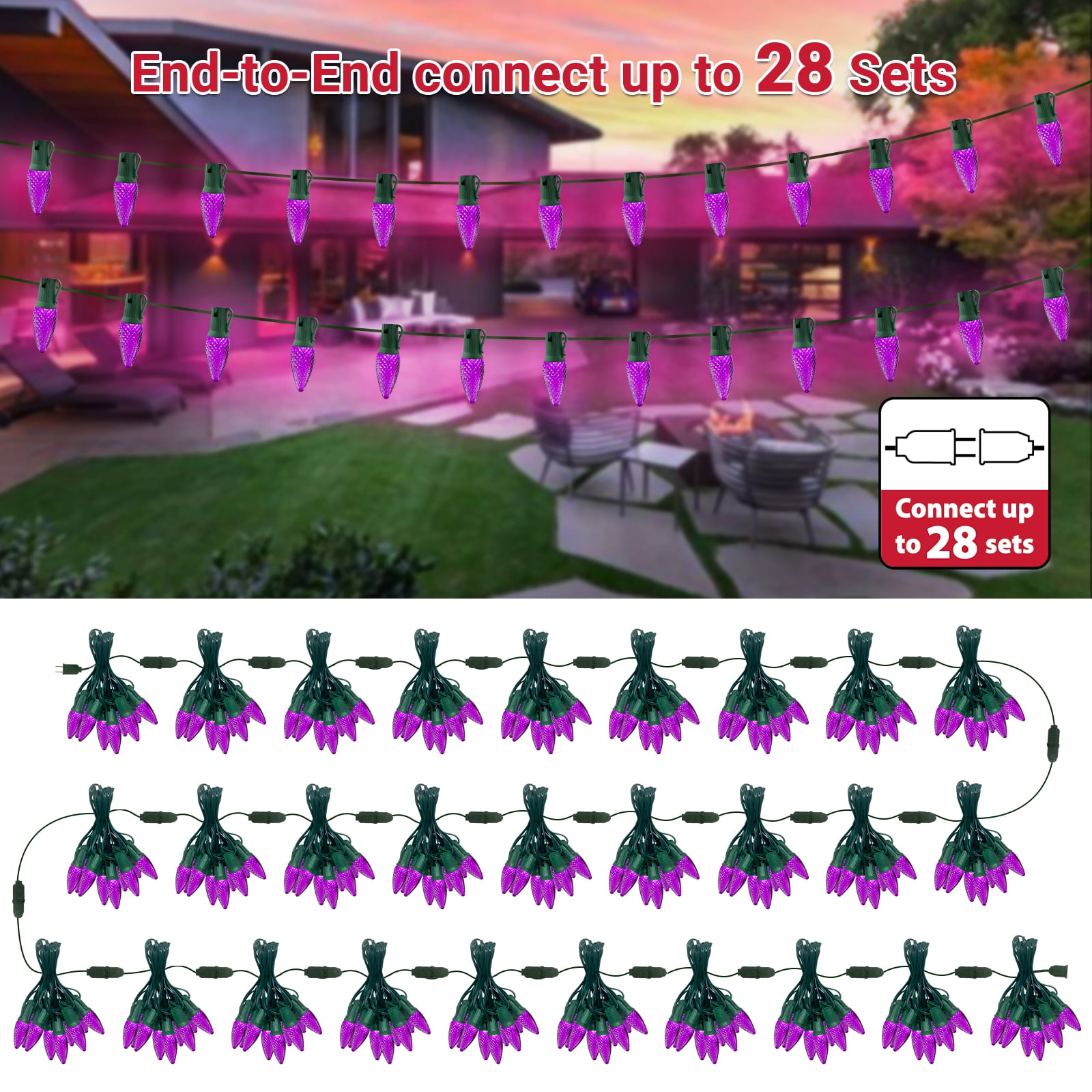 LAMPHOME Purple C9 Christmas String Light Outdoor, 25FT Shatterproof LED for House Rooflines & Pathways, Connectable Waterproof Vintage Christmas Light for Tree, Yard, Patio, Porch, Garden