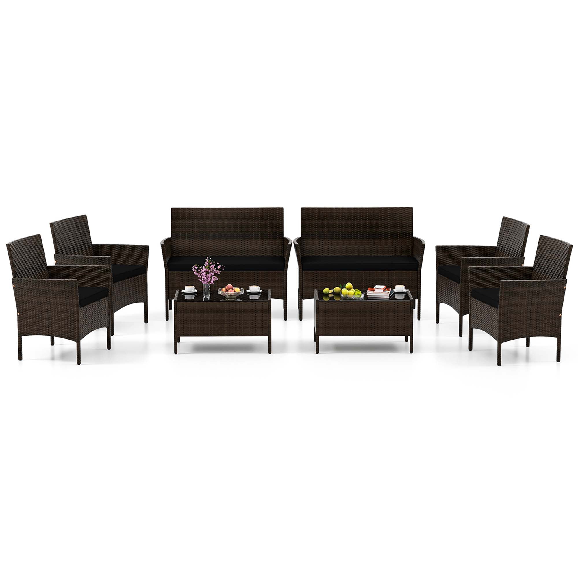 Costway 8 PCS Patio Furniture Set with Washable Cushions and Tempered Glass Coffee Table Black